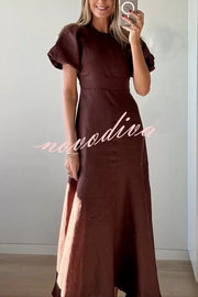 Della Linen Blend Short Sleeve Fitted Waist Maxi Dress