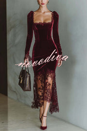 Fashionable Velvet and Lace Patchwork Square Neck Long-sleeved Maxi Dress