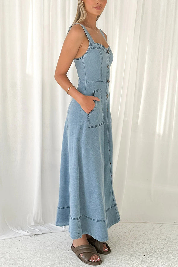 Solid Color Suspender Pocket Button Slim Denim Midi Dress