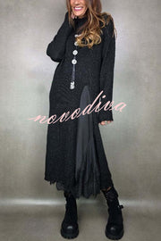 Solid Color Knitted Long-sleeved Casual Slit Midi Dress