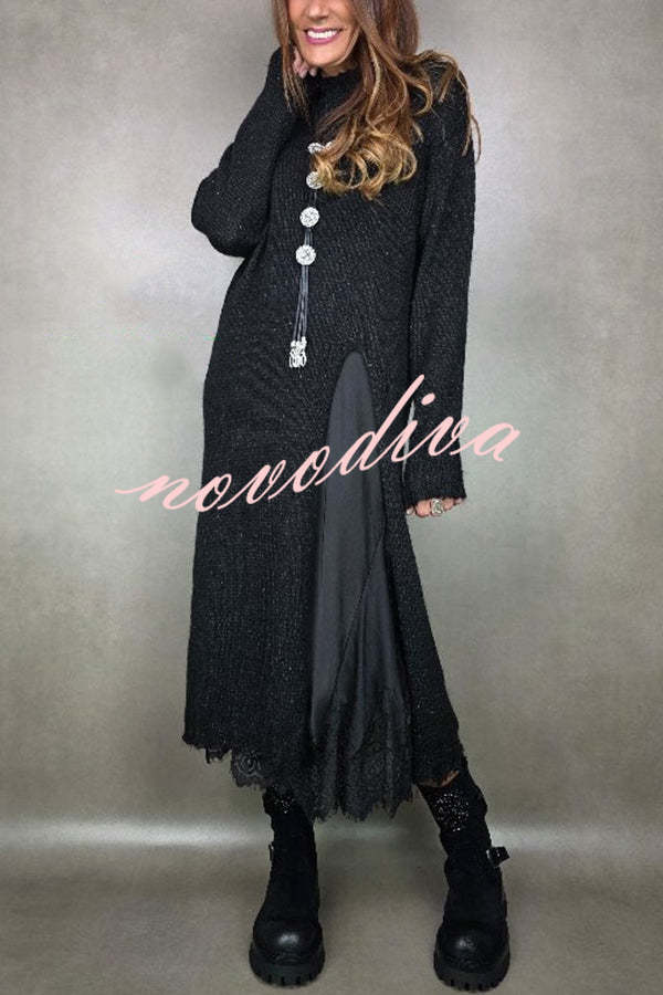 Solid Color Knitted Long-sleeved Casual Slit Midi Dress