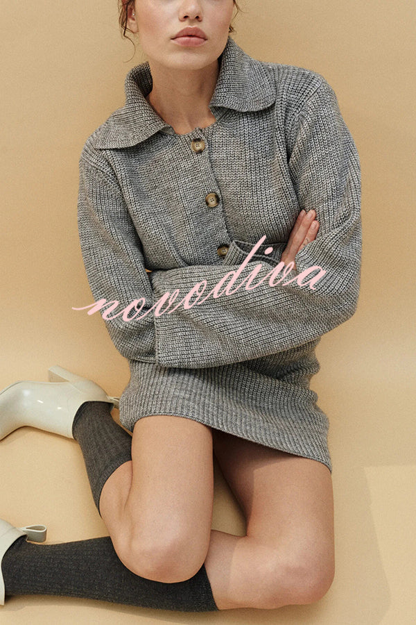 Fashion Lapel Bell Sleeve Knitted Cardigan and Casual Mini Skirt Set