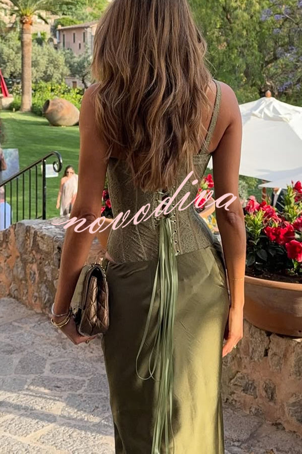 In A Fairytale Lace Satin Mid Rise Drape Maxi Skirt