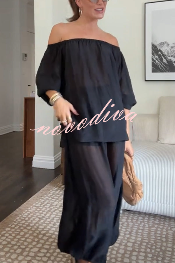 Comfortable Area Chiffon Off Shoulder Balloon Sleeve Top and Elastic Waist Knotted Bloomer Set
