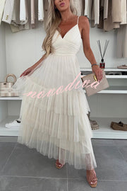 Romantic Movie Tulle Ruched Tiered Hem Slip Maxi Dress