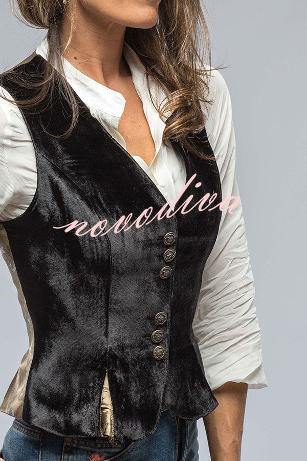 Retro Gold Velvet V-neck Sleeveless Vest