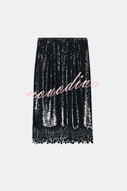 City Queen Sequin Tassel Round Pieces High Rise Back Zipper Midi Skirt