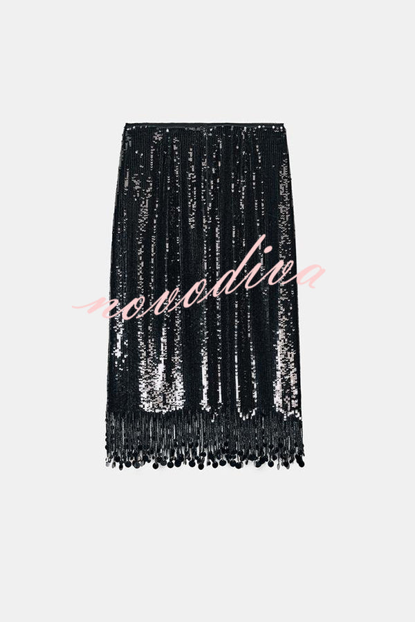 City Queen Sequin Tassel Round Pieces High Rise Back Zipper Midi Skirt