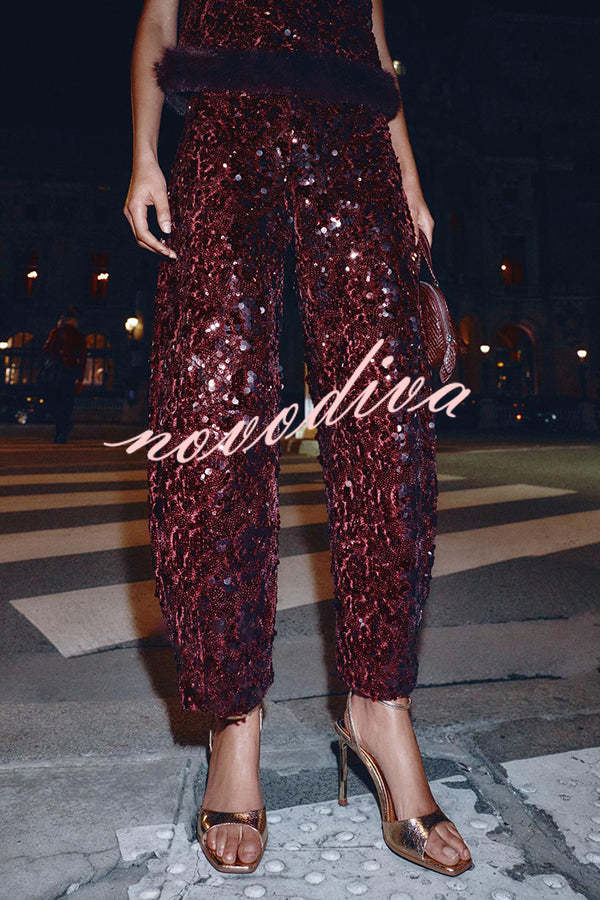Gala Goddess Sequin High Rise Zipper Waist Wide Leg Pants