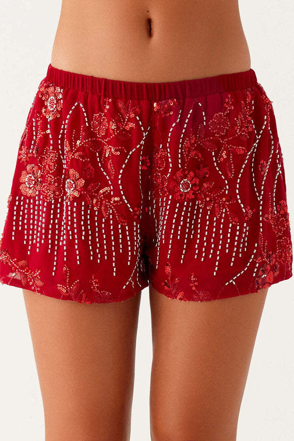 Dazzling Sequin Beaded Material Low Rise Elastic Waist Loose Shorts