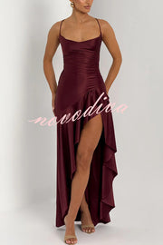 Solid Color Sexy Backless Lace-up Irregular Ruffled Maxi Dress