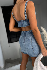 Picilo Denim Sweetheart Neck Cutout Waist Stretch Mini Dress