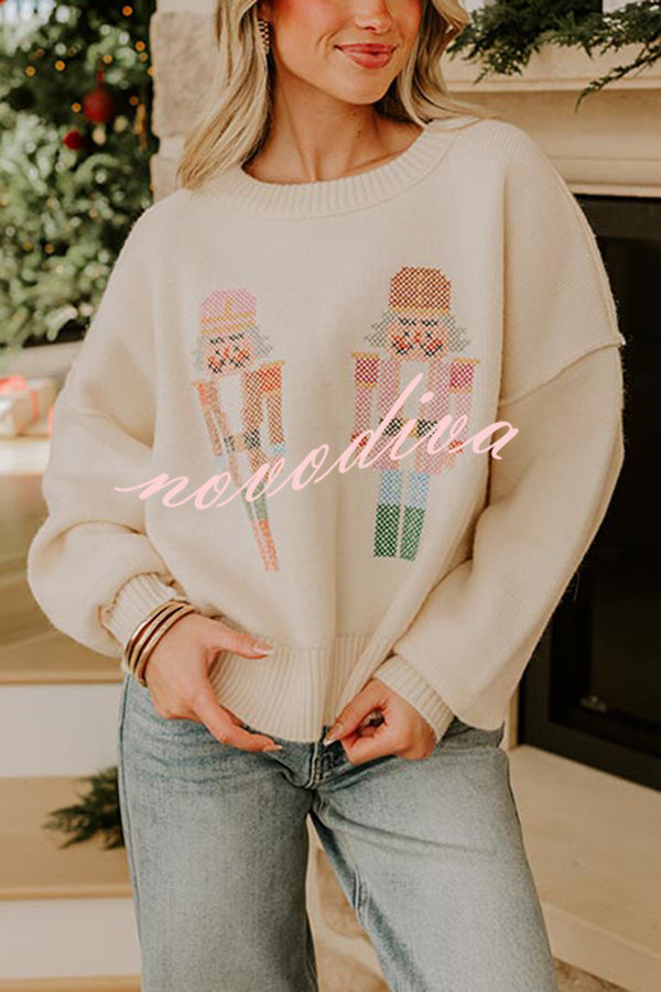 Nutcracker Nights Cross Stitch Knit Long Sleeve Loose Sweater
