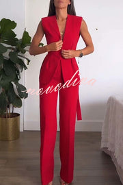 Keep It Classic V-neck Belted Vest and Mid Rise Pocket Wide Leg Pants Set