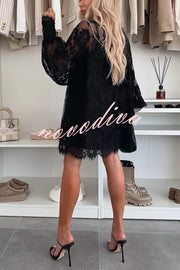 Night Rose Lace Bow Neck Long Balloon Sleeve A-line Mini Dress