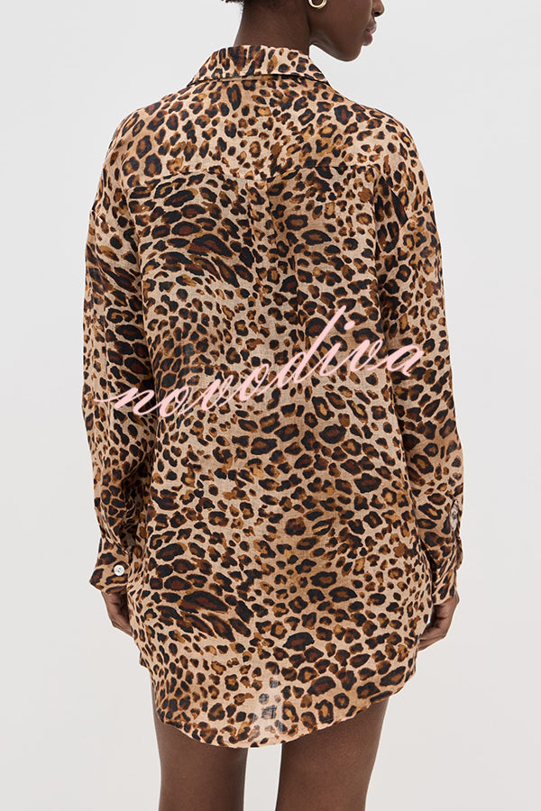 Trisha Linen Blend Leopard Print Long Sleeve Blouse and Elastic Waist Pocket Loose Shorts Set