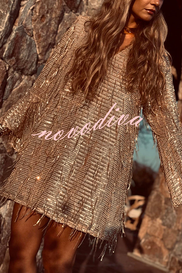 Flowing Shimmer Sequin Tassel Fabric Bell Sleeve Back Tie-up Loose Mini Dress
