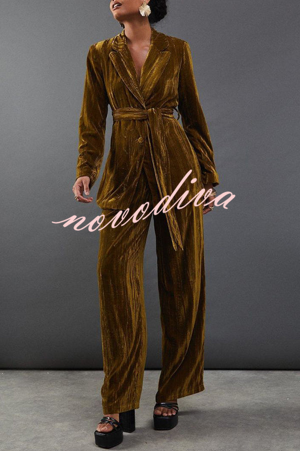 Solid Color Velvet Long-sleeved Waist Tie Top and Elastic Waist Casual Pocket Straight-leg Pants Set