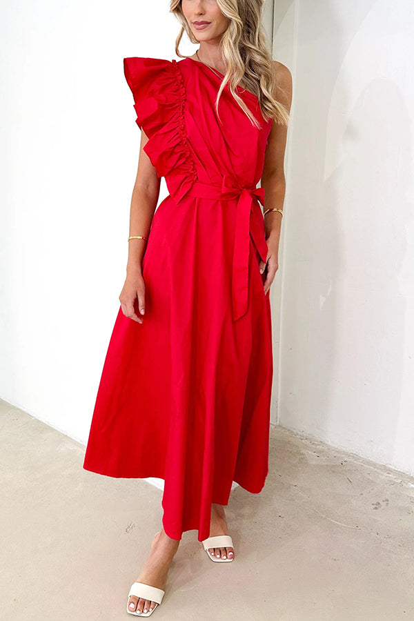 Solid One Shoulder Ruffled Sleeves Tie Waist Maxi Dress