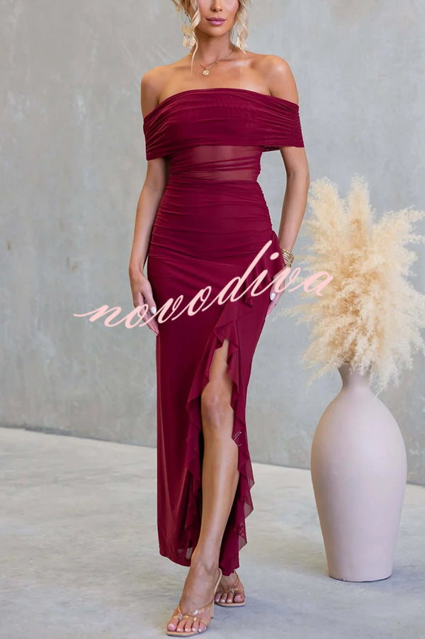 Sexy Mesh Off-shoulder Slim Fit Ruffled Slit Maxi Dress