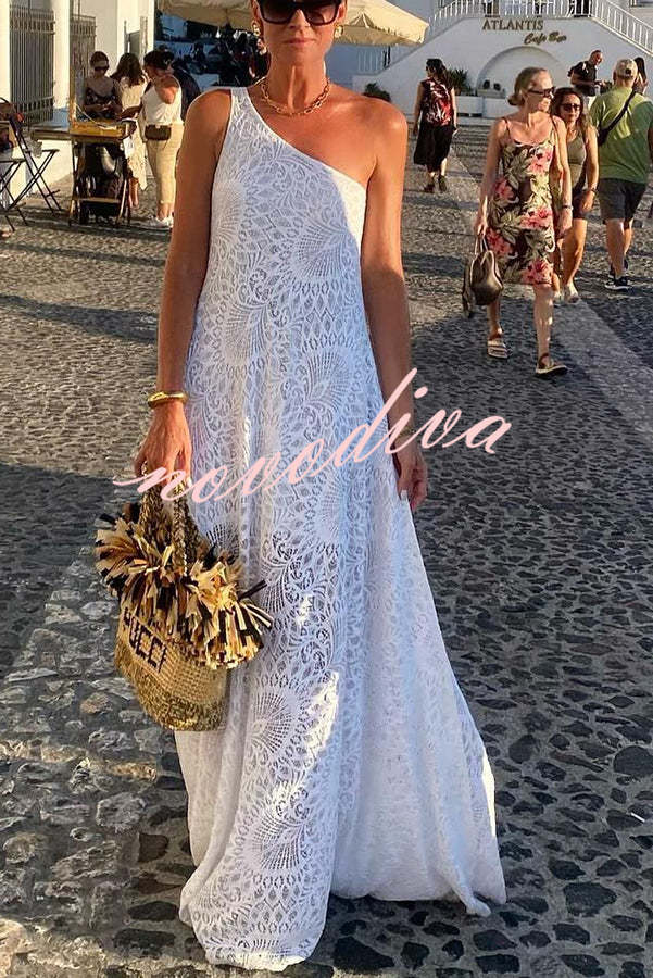 Pure Soul Unique Lace Pattern One Shoulder Slit Vacation Maxi Dress