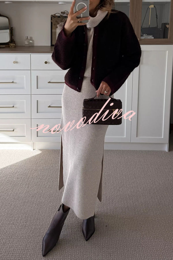 Book Club Knit Turtleneck Cap Sleeve Slit Sweater Midi Dress