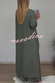 Linen Blend Crew Neck Long Sleeve Irregular Loose Top and Elastic Waist Floral Print Casual Pocket Set
