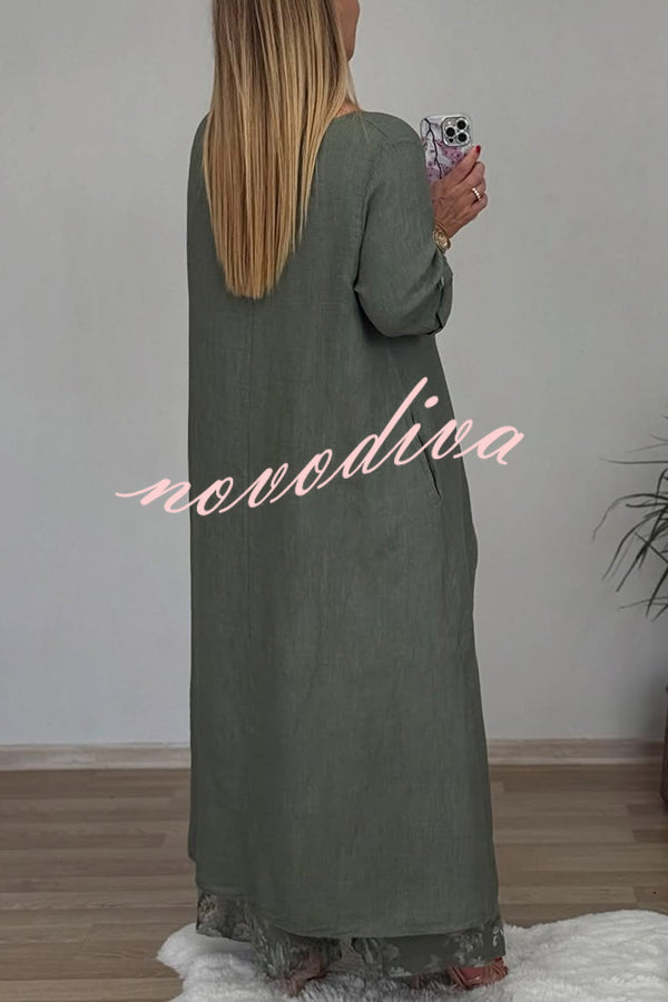 Linen Blend Crew Neck Long Sleeve Irregular Loose Top and Elastic Waist Floral Print Casual Pocket Set