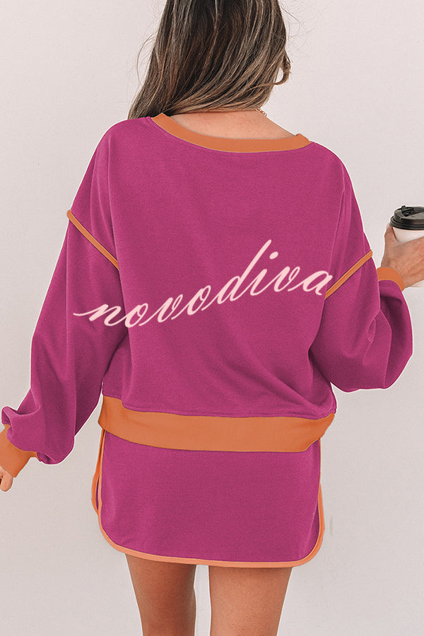 Fashion Round Neck Long Sleeve Spliced Casual Top and Elastic Waist Loose Shorts Set