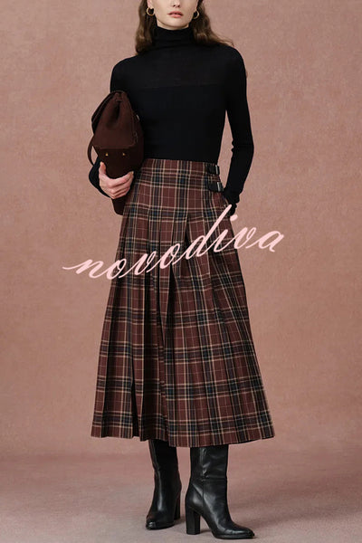 Yehudit Plaid Belt Buckle Design High Rise Pocket Midi Umbrella Skirt