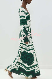 Holiday Fashion Unique Print Front Center Hollow Ring Long Sleeve Maxi Dress