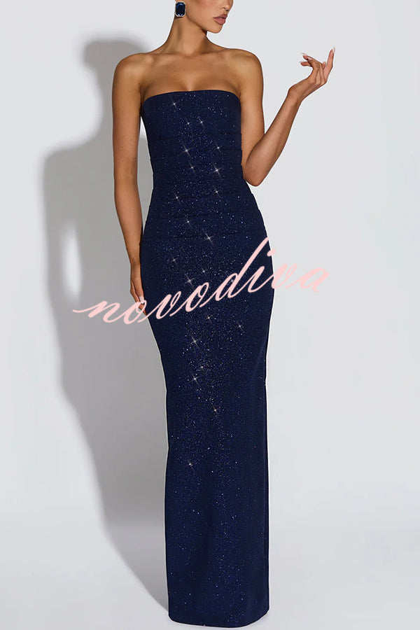 Pandra Glittery Crepe Fabric Off Shoulder Ruched Slit Cape Maxi Dress