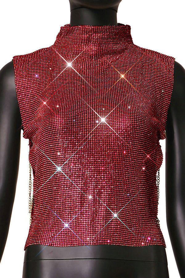 Sexy High-neck Rhinestone Metallic Top