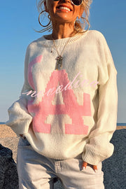 Letter Pattern Crew Neck Long Sleeve Loose Knit Sweater
