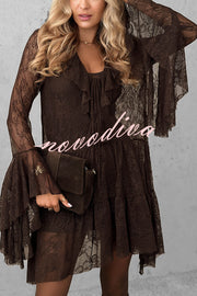 Feeling Lighthearted Lace Ruffle Neck Bell Sleeve Layered Hem A-line Mini Dress