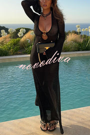 Seaside Goddess Crochet Knit Hollow Out Golden Ring Long Sleeve Cover-up Maxi Dress