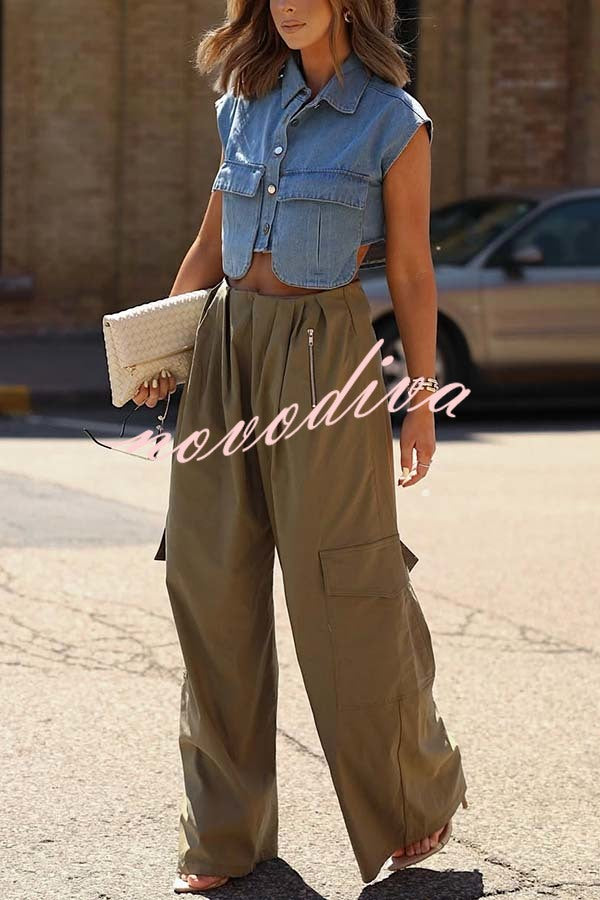 Stylish Weekend Denim Button Up Cape Sleeve Pocket Crop Top