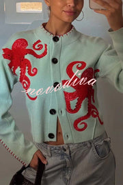 Coastal Fashion Knit Octopus Graphic Contrast Piping Button Up Loose Cardigan