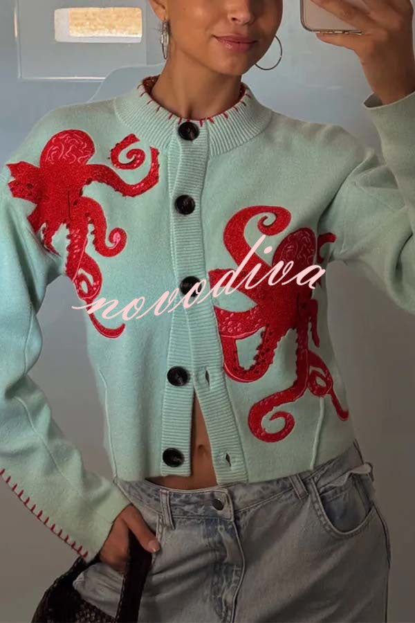 Coastal Fashion Knit Octopus Graphic Contrast Piping Button Up Loose Cardigan