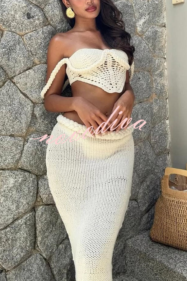 Sumui Hollow Crochet Knit Braid Detail V-shaped Hem Crop Vacation Tank