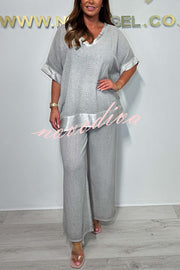 Fashionable V-neck Short-sleeved Loose Top and Elastic Waist Casual Wide-leg Pants Set