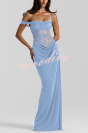 Sexy See-Through Lace Suspender Slim Slit Maxi Dress