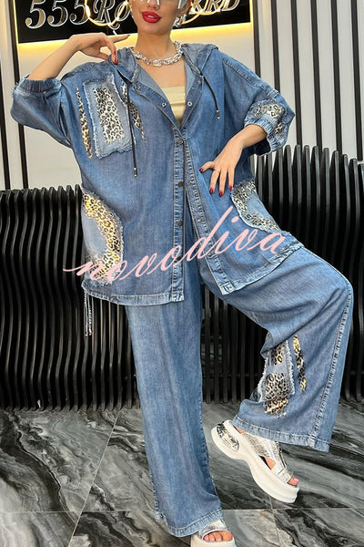 Fashion Loose Hooded Leopard Print Pocket Top and Casual Wide-leg Pants Set
