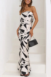 Cassy Satin Geometric Print Off Shoulder Maxi Dress