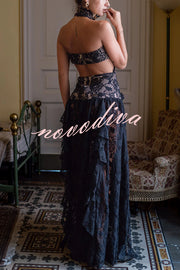 A Girls' Trip Lace High Neck Cutout Drop Waist Ruffles Maxi Dress
