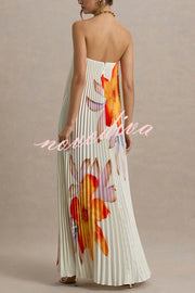 For Every Occasion Satin Pleated Floral Print V-wire Bandeau Neck Maxi Dress