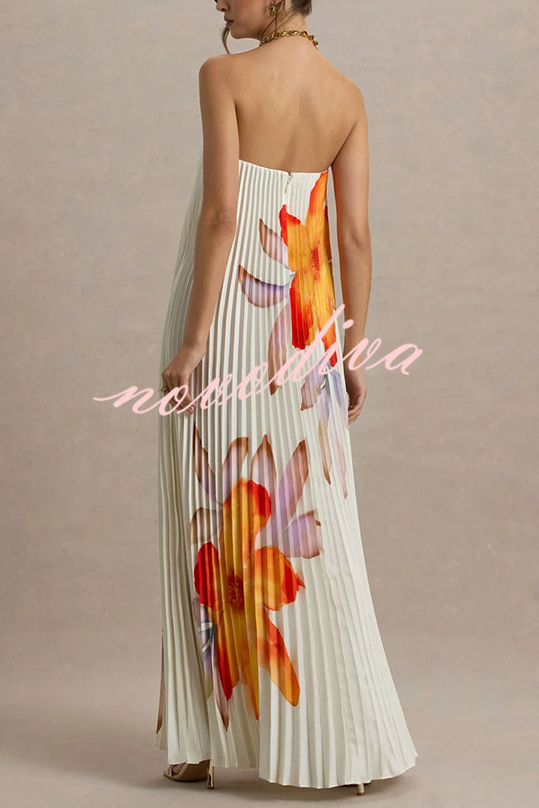 For Every Occasion Satin Pleated Floral Print V-wire Bandeau Neck Maxi Dress