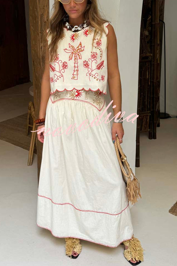 Sunny Day Linen Blend Contrast Embroidered Print Smocked Waist A-line Maxi Skirt