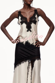 Party Focus Contrast Color Satin Lace Trim V-Neck Slip Tank