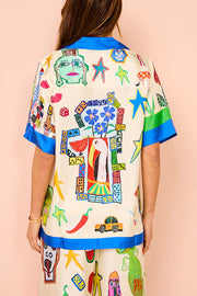 Vibrant Beach Satin Unique Print Colorblock Trim Button Down Oversized Blouse